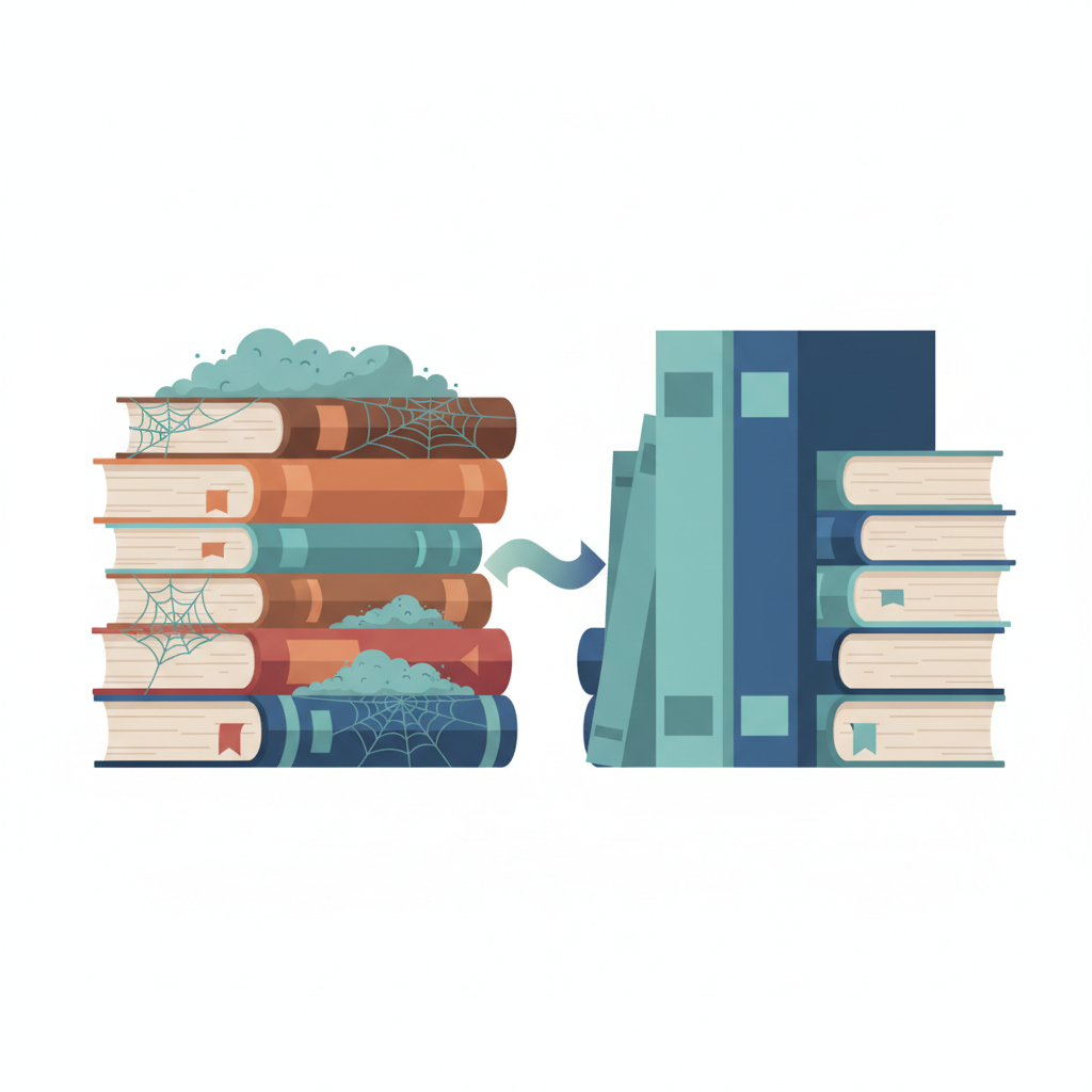 Illustration of outdated books beside new study materials