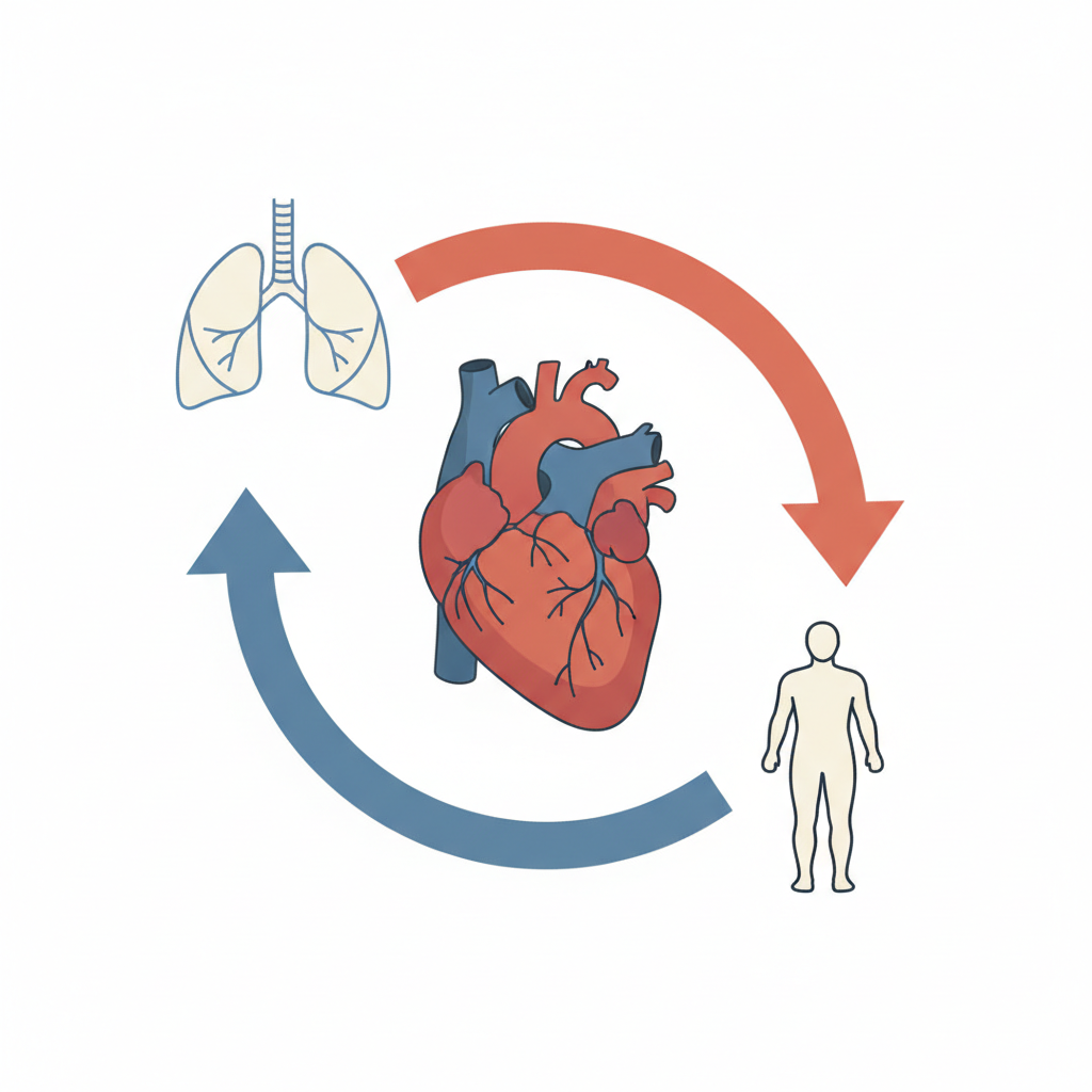 Illustration of blood circulation looping between heart lungs and body