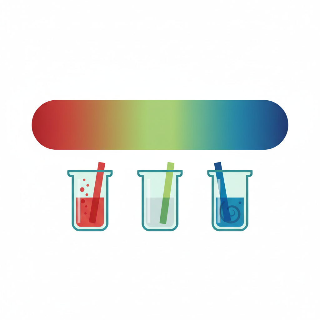 Illustration of the pH scale with test strips and beakers