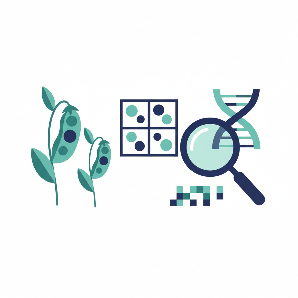 Illustration of pea plants and genetics grid for Punnett squares