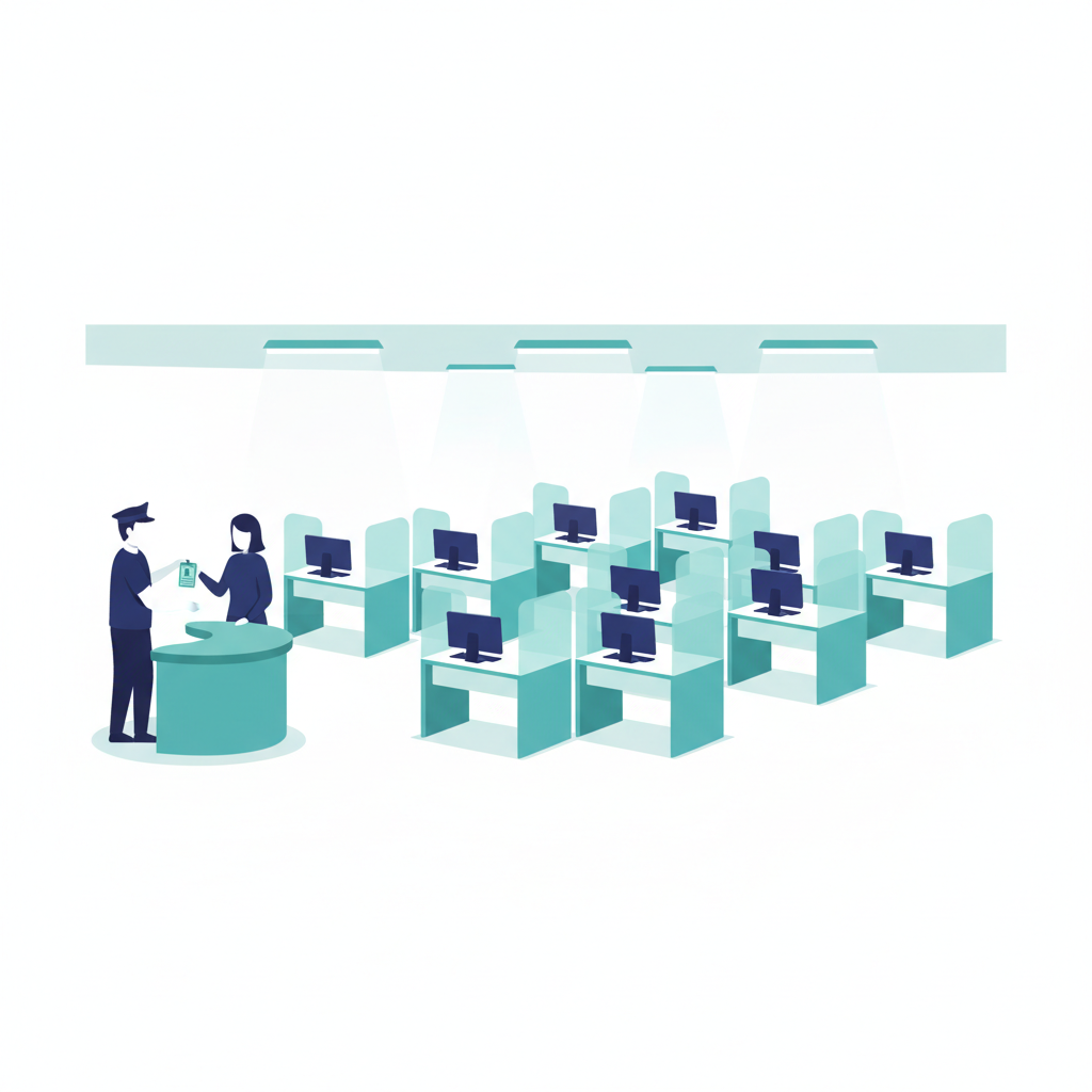 Illustration of a quiet in-person computer testing center