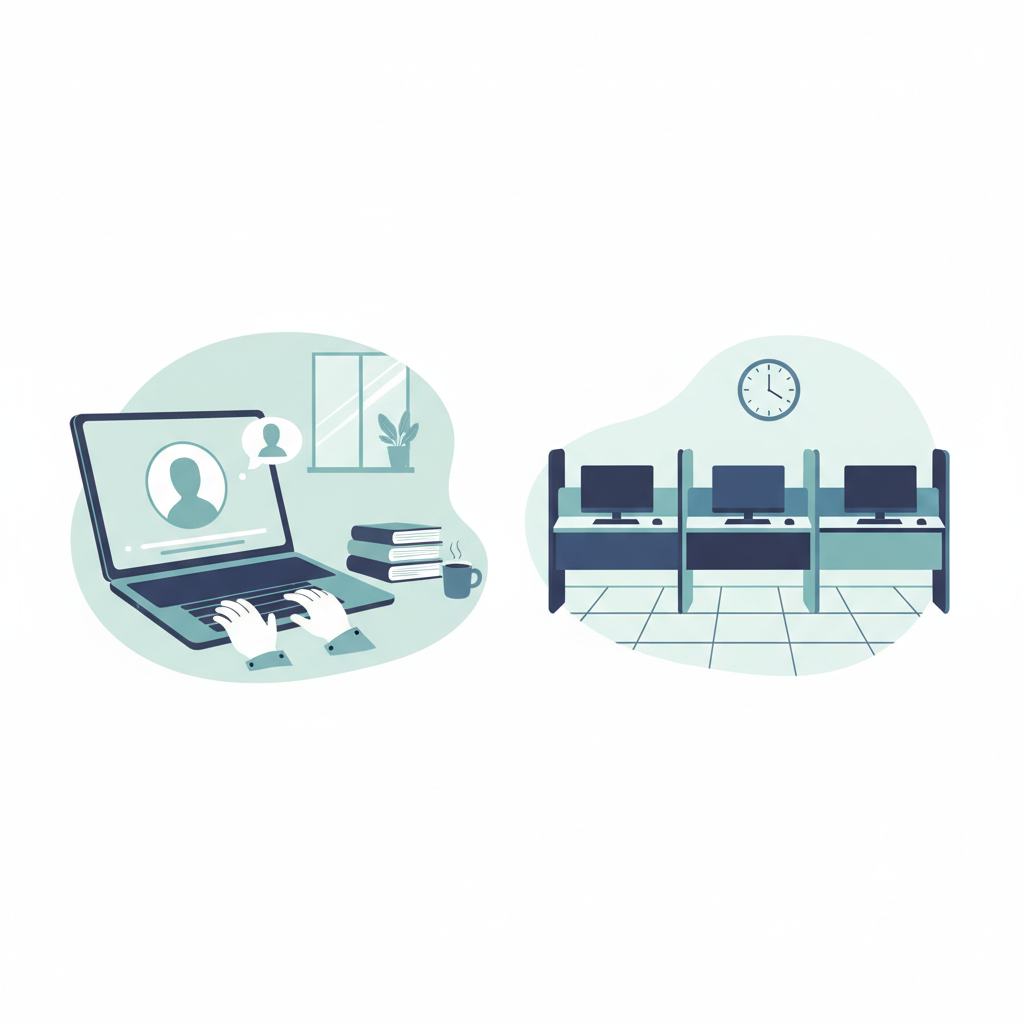 Illustration comparing online remote testing with in-person test centers