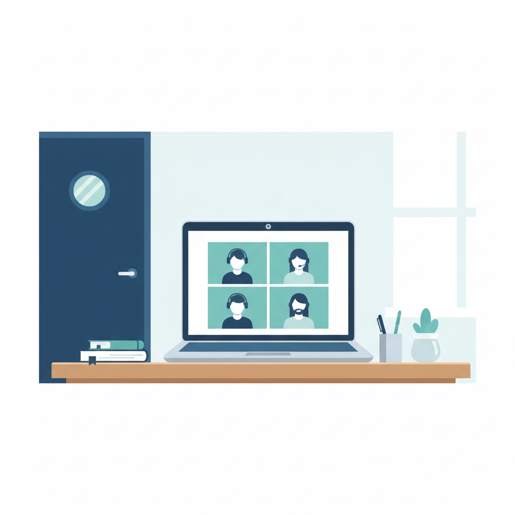 Illustration of a tidy remote exam setup with laptop and webcam