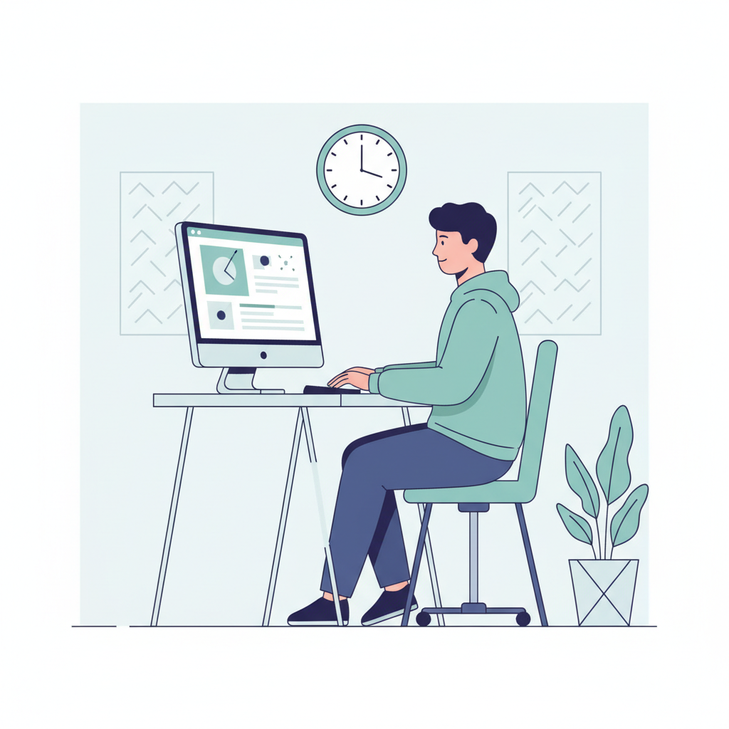 Illustration of a calm confident student during a computer-based test